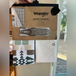 Wrangler Brown Green Geometric Shower Curtain Set